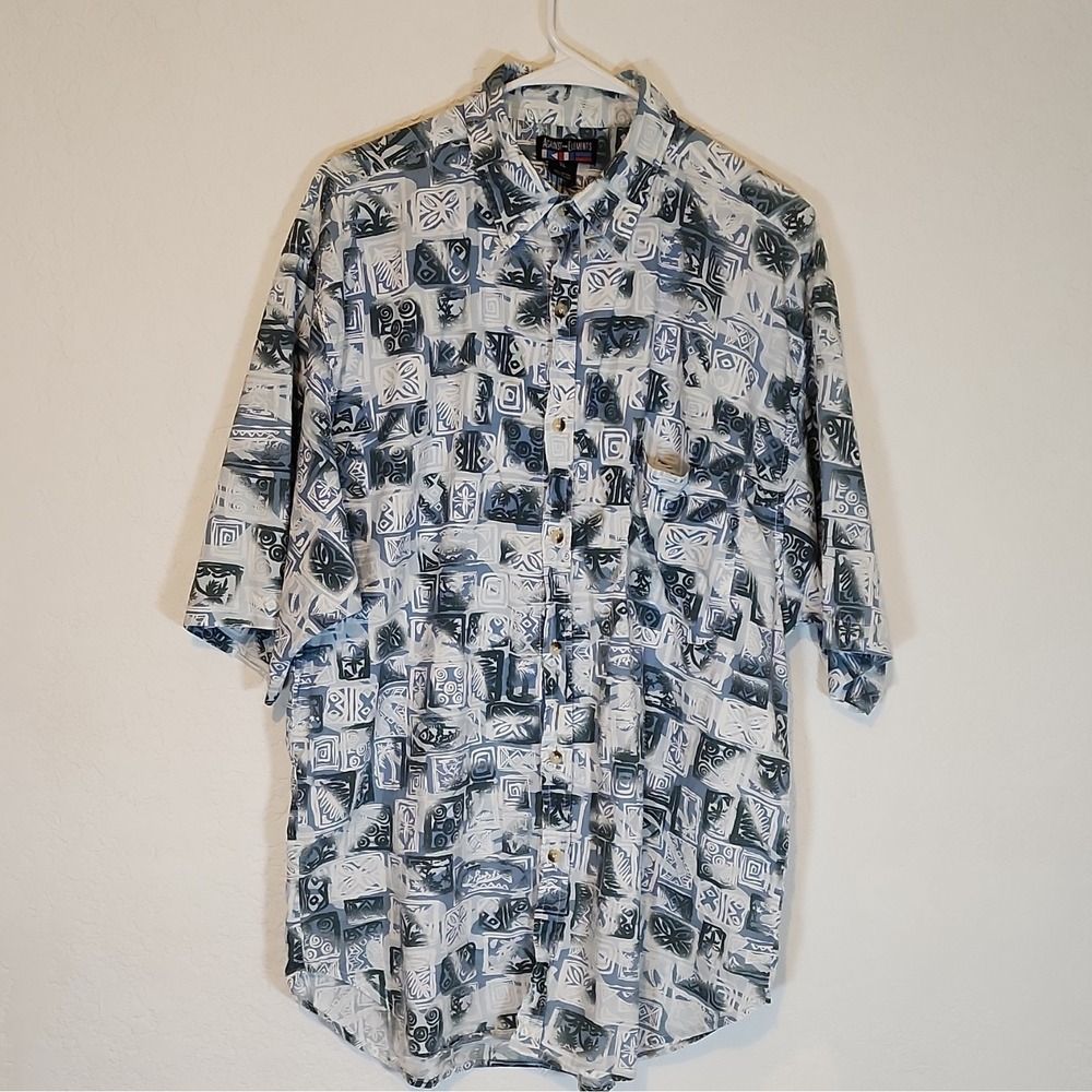 Against the Elements Men's XL Blue White Giomatric Island Print Cotton Shirt